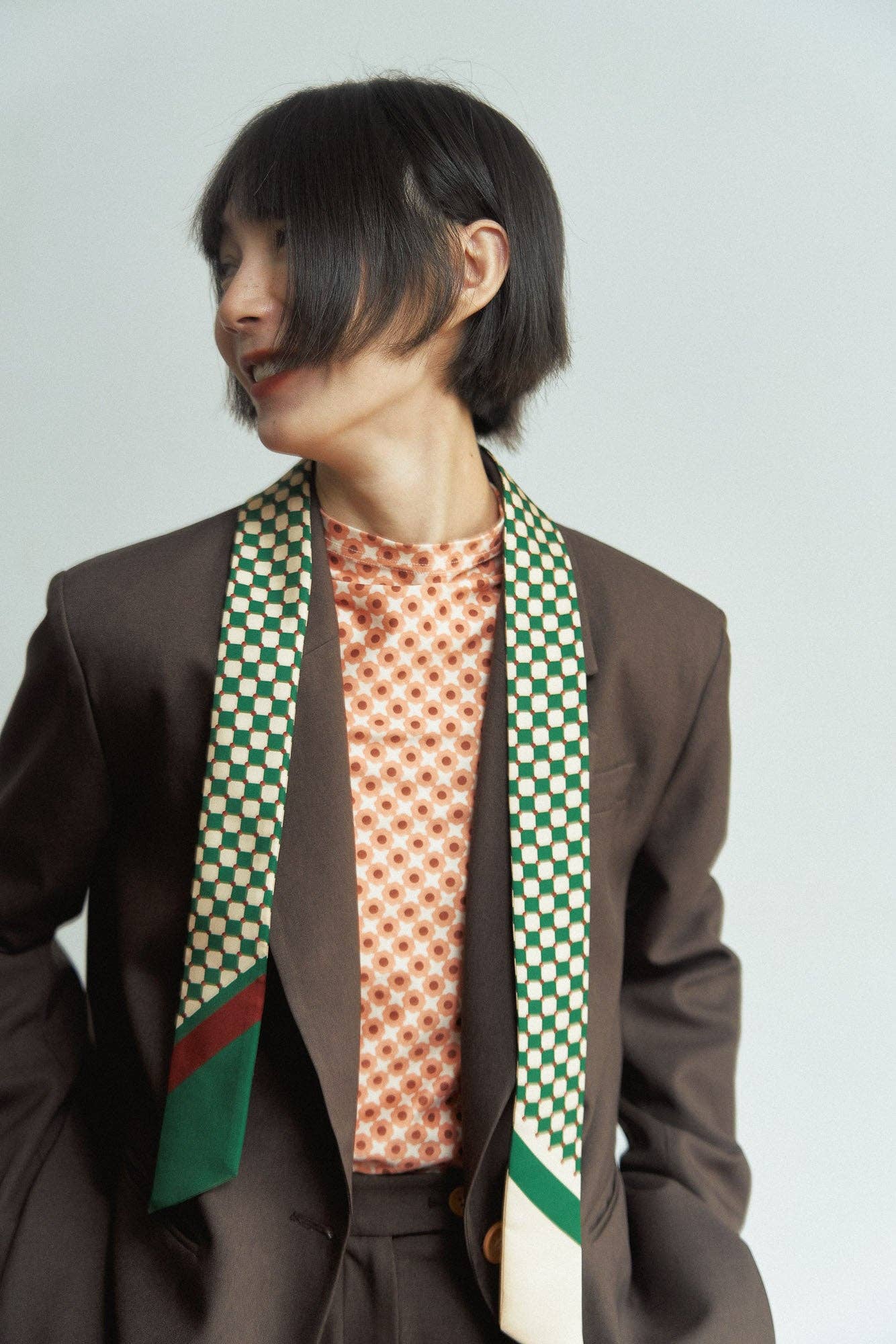 "Checkerboard" Silk Twill Skinny Scarf