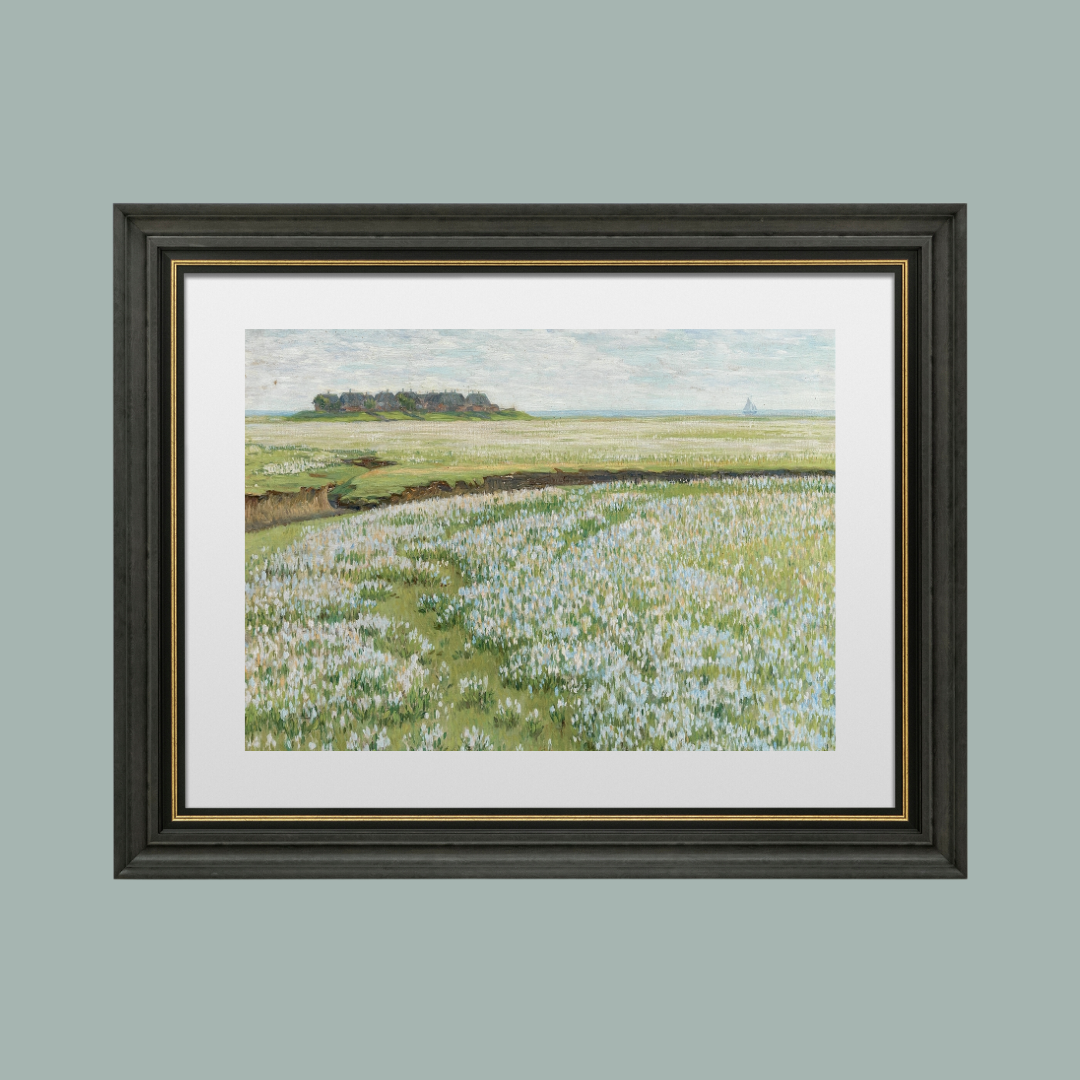 Fields with Ship in the Distance Antique Art Print