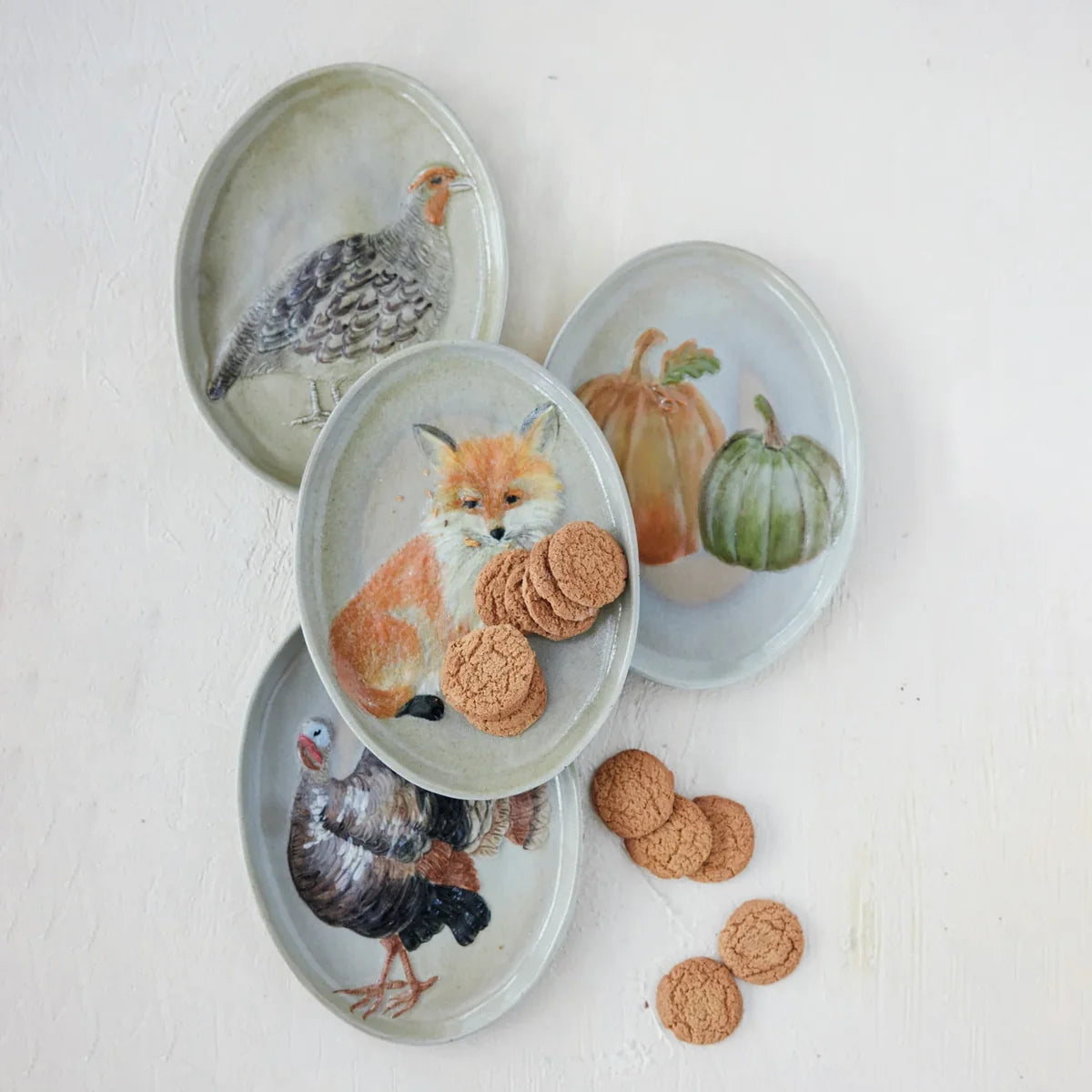 Hand-Painted Stoneware Platter with Animals and Pumpkins