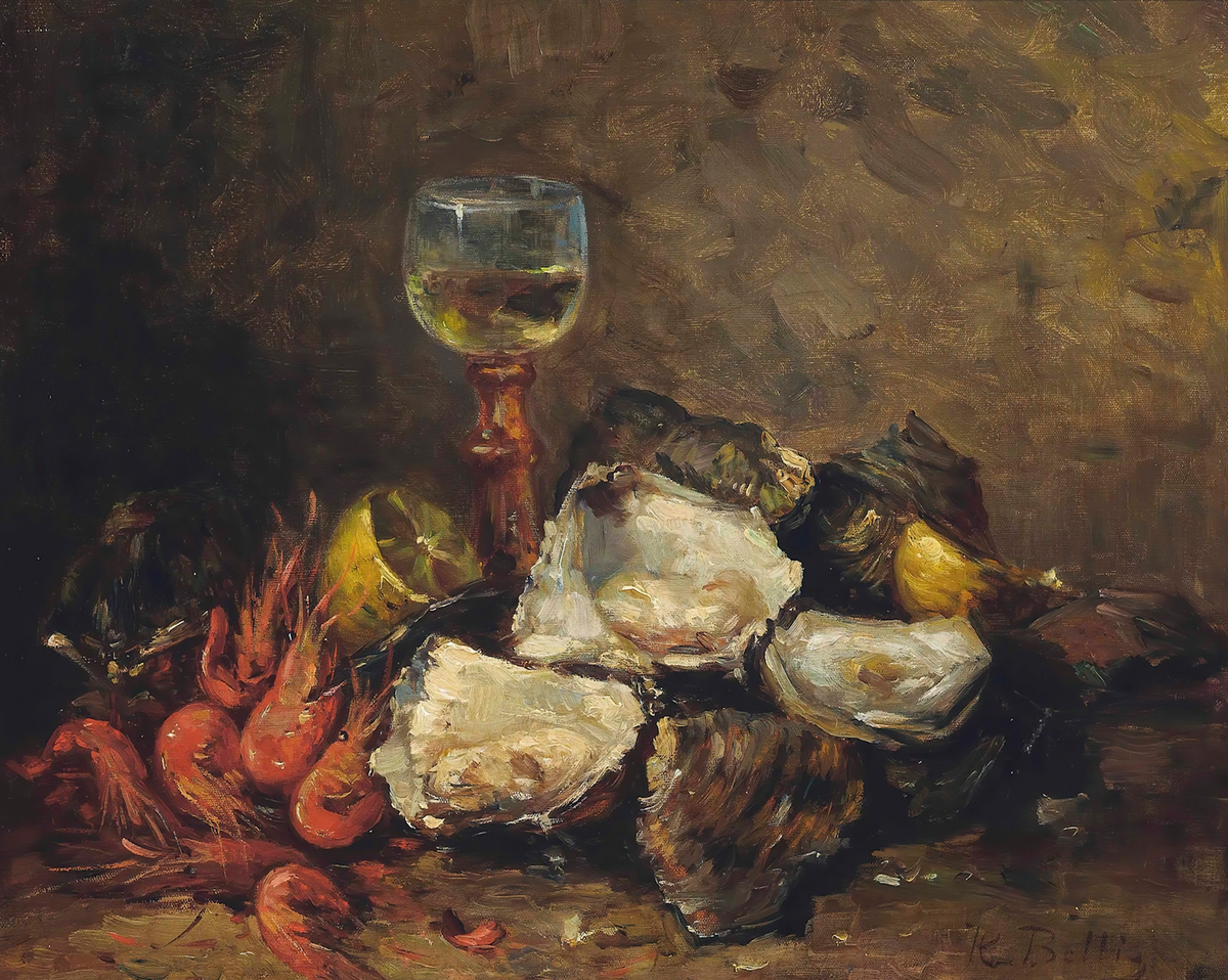Still Life of Shrimp and Oysters Antique Art Print