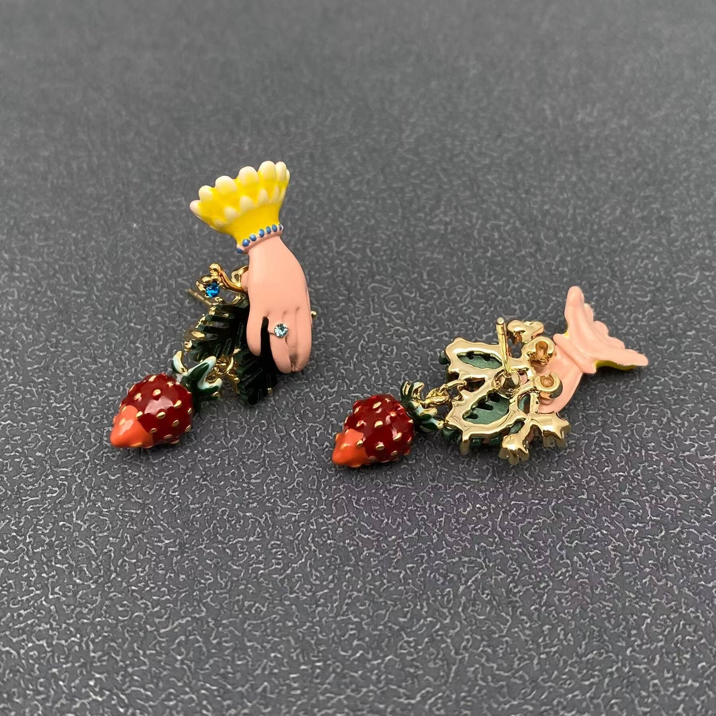 Inlaid Rhinestone Enamel Hand Picking Strawberry Earrings