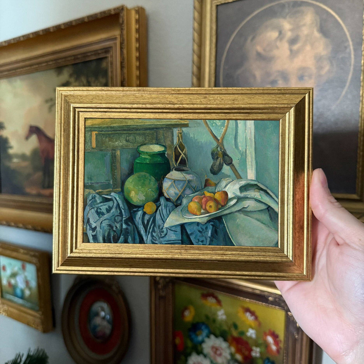 Vintage Style still life fruits and vases on a table Framed