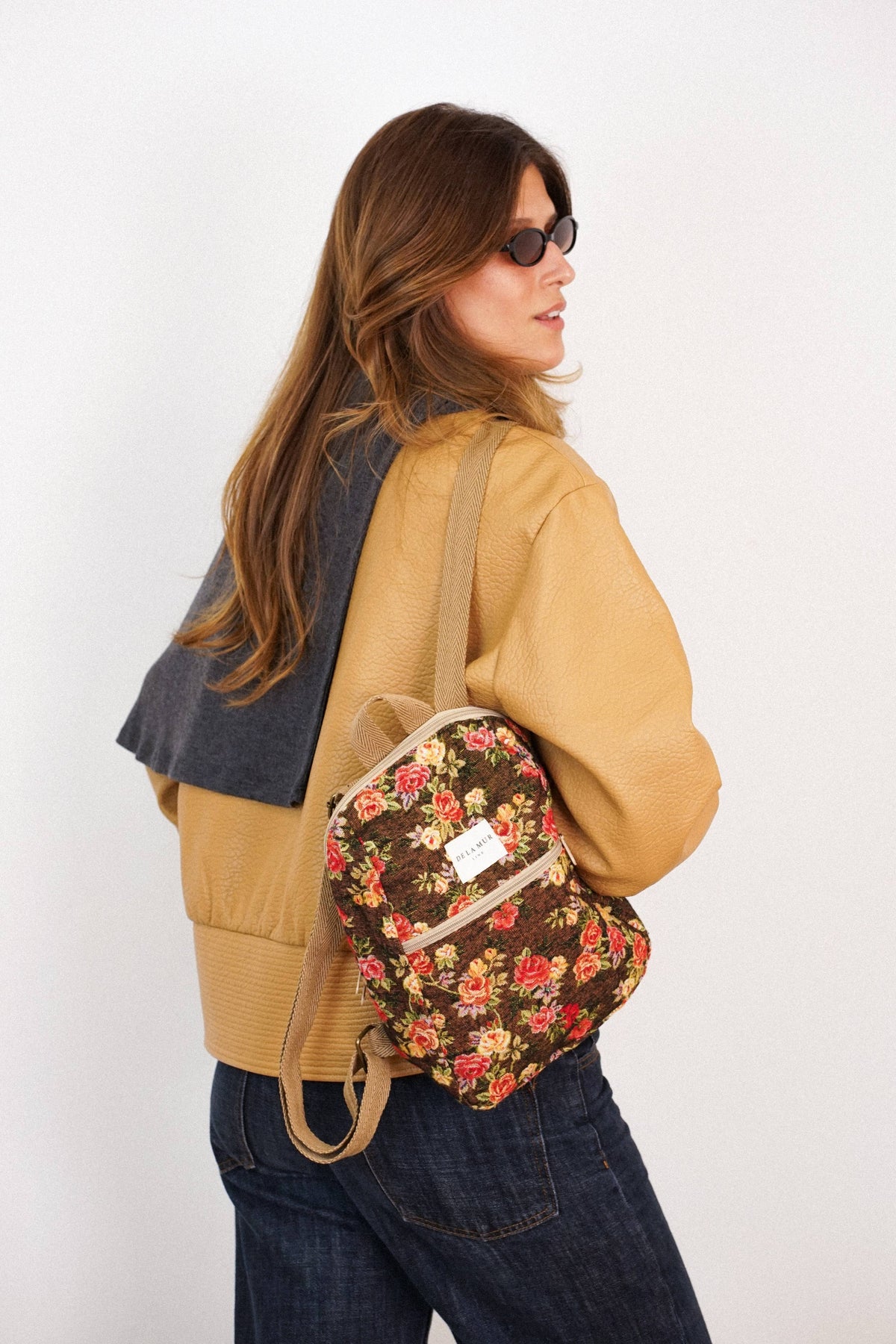 Floral Jacquard Small Backpack – Brown & Red (Pepi)