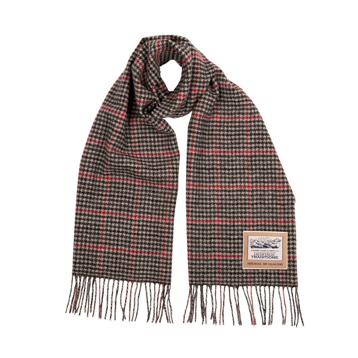 Heritage Traditions Check Wool Scarf: Grey/Red