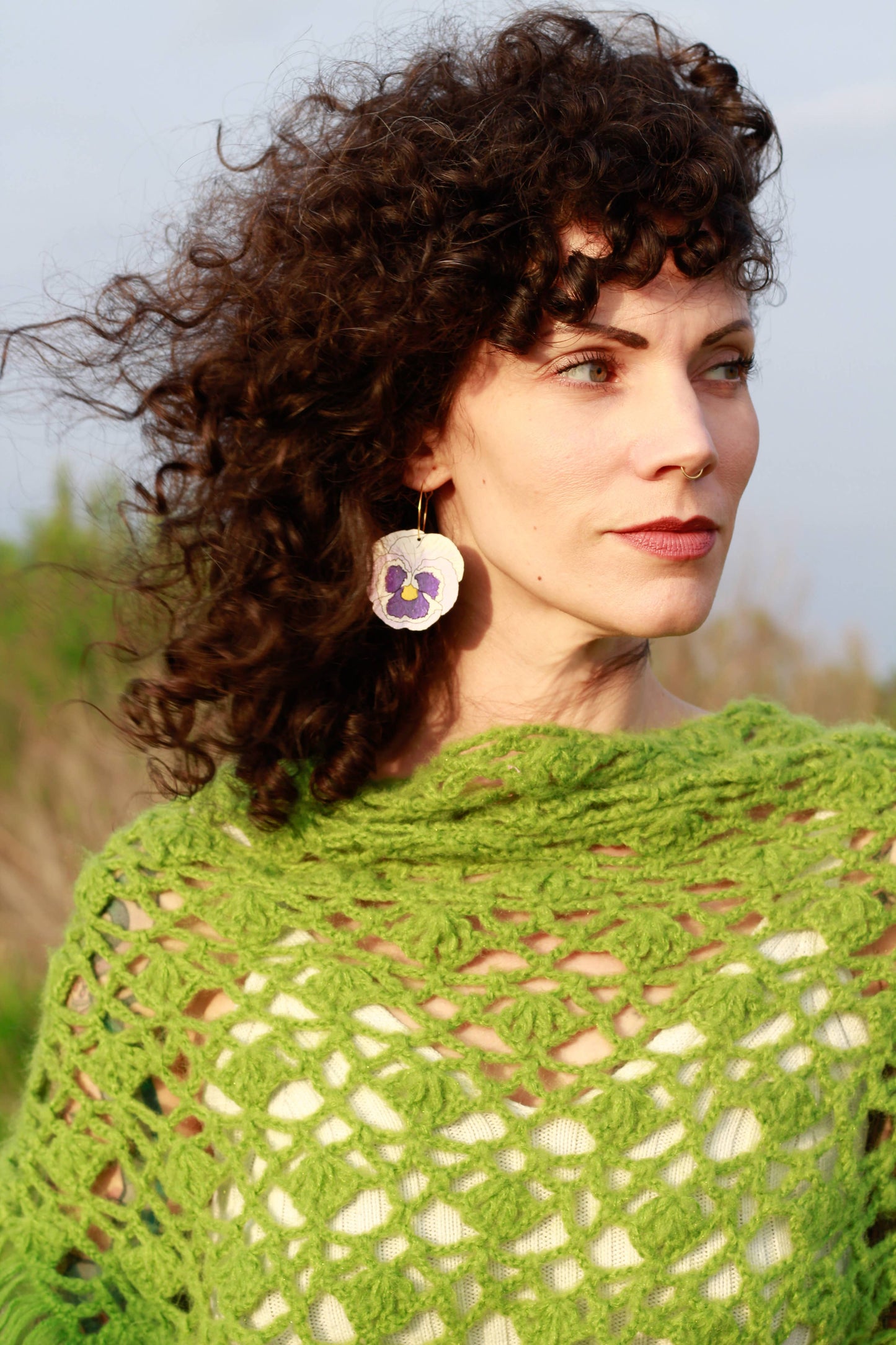 Purple Pansy Flower Hoop Earrings