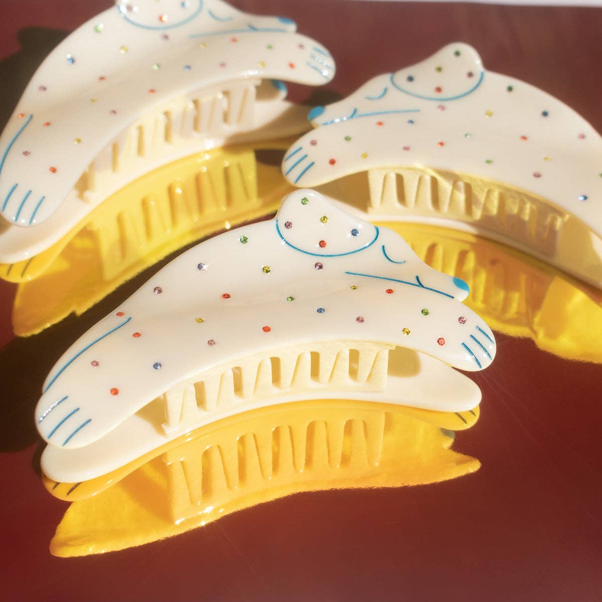 Puppy Dog Rainbow Rhinestone and Cream Acetate Hair Claw