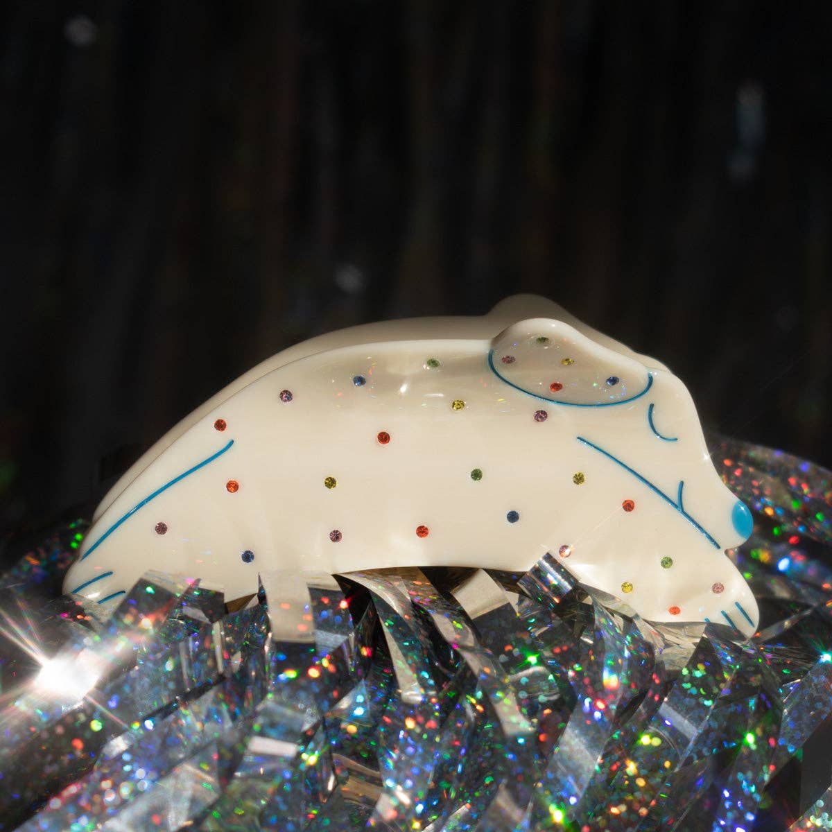 Puppy Dog Rainbow Rhinestone and Cream Acetate Hair Claw