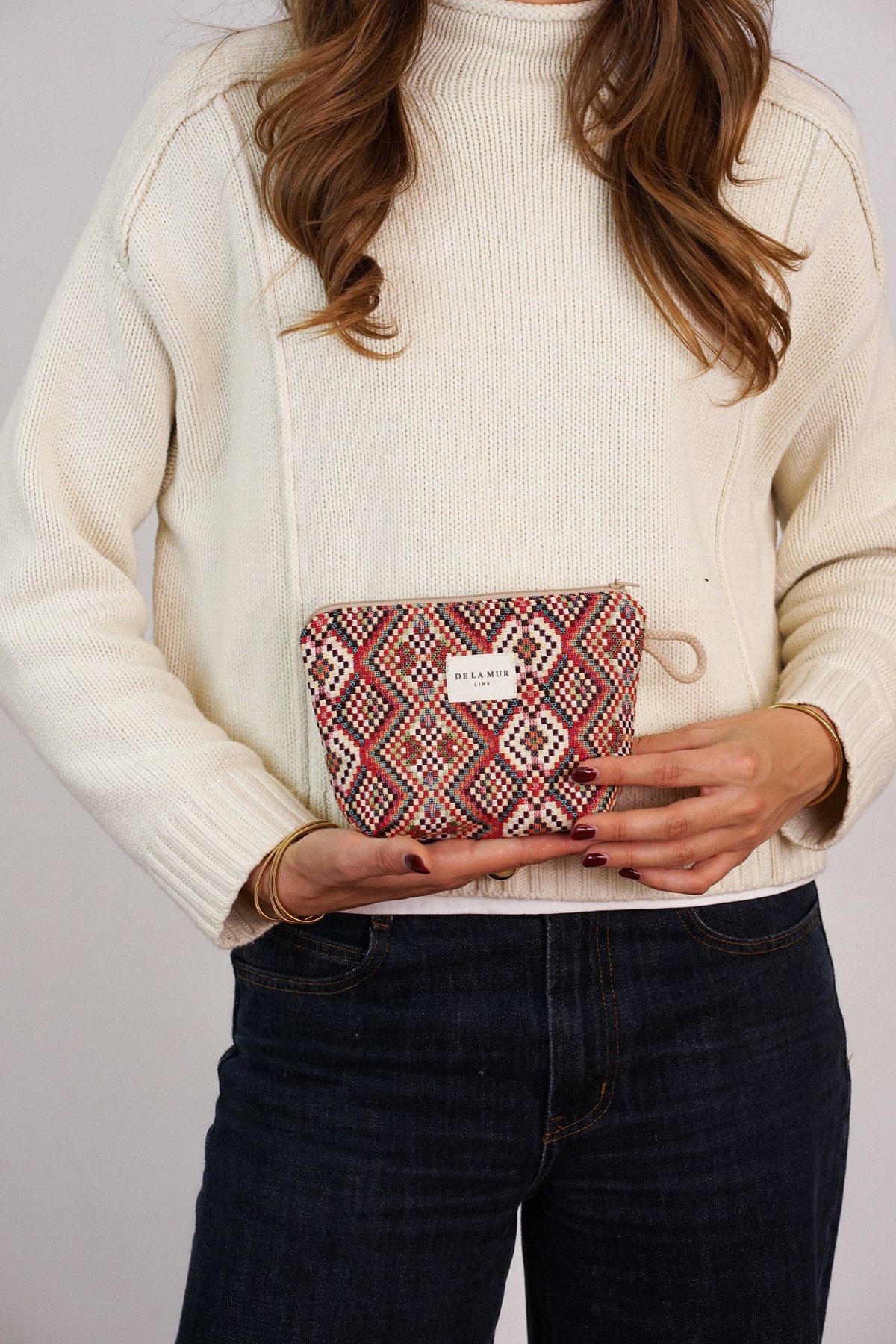 Geometric Jacquard Small Makeup Bag – Red Multicolor (Otto)