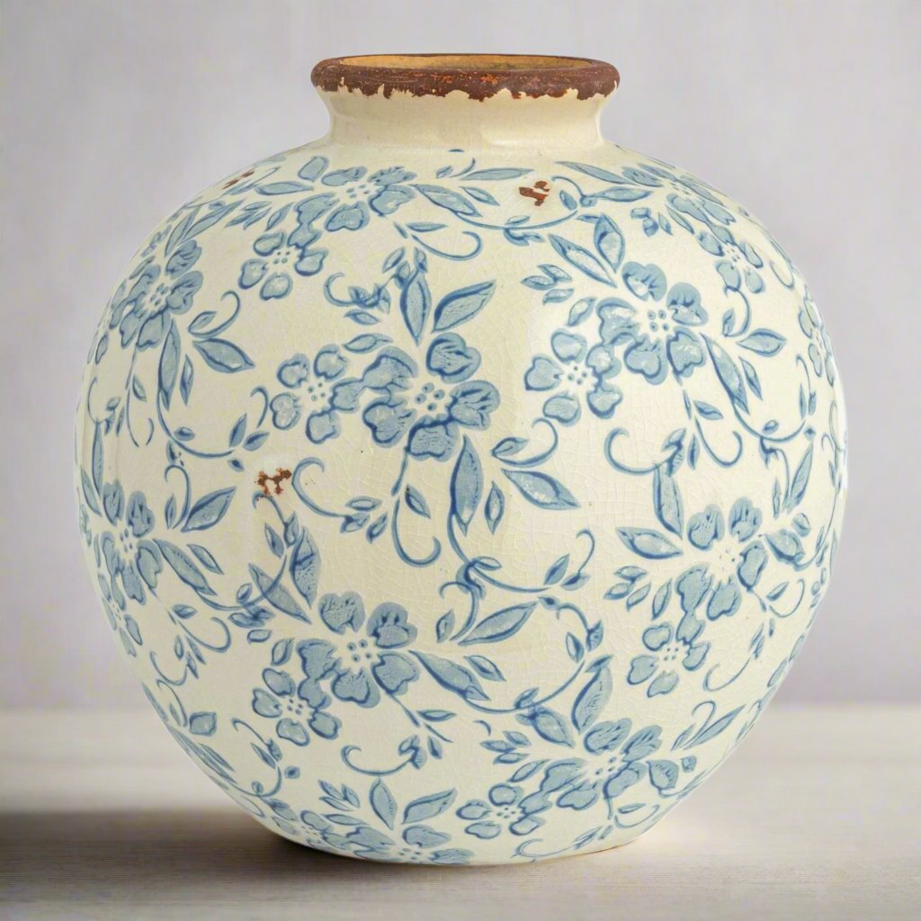 Terracotta Vase with Transferware Pattern