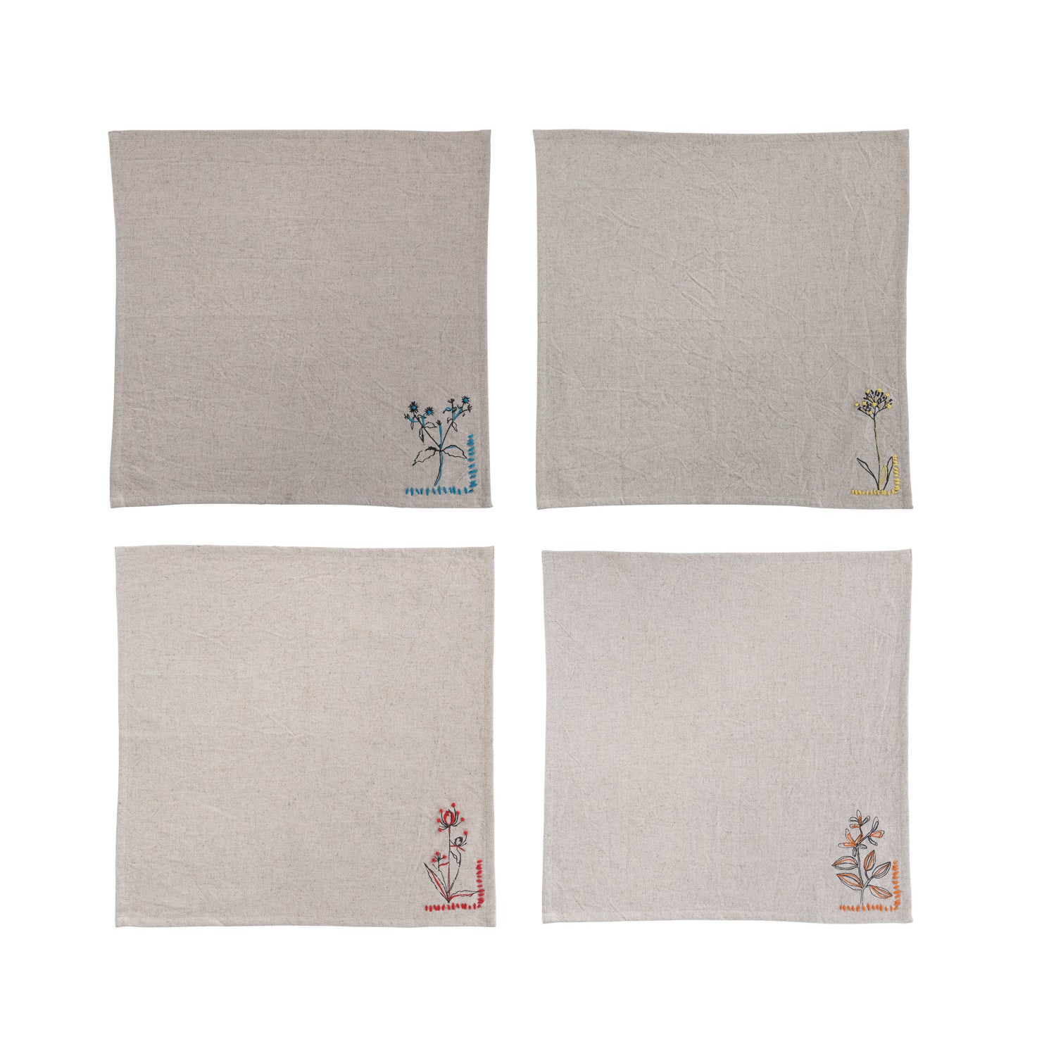 Cotton Printed Napkins w/ Hand-Embroidery & French Knots, 4 Styles, Set of 4 ©