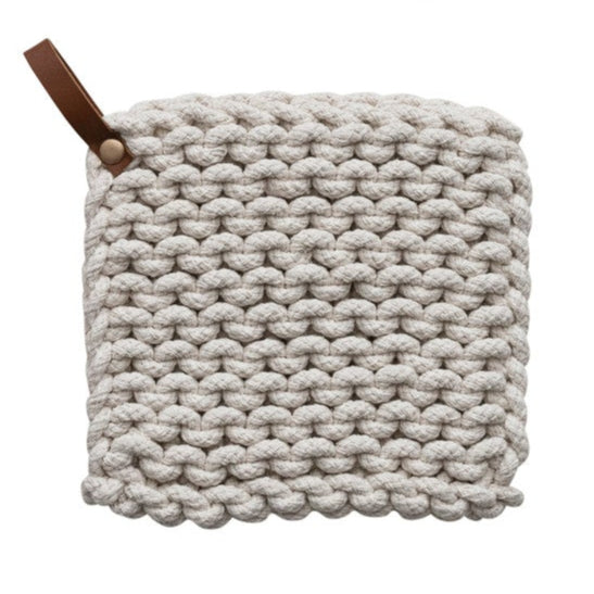 Cotton Crocheted Pot Holder w/ Leather Loop, 4 Colors