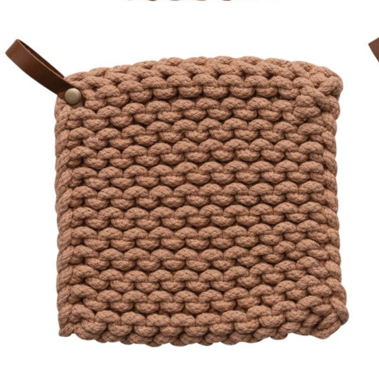 Cotton Crocheted Pot Holder with Leather Loop -- 4 Colors