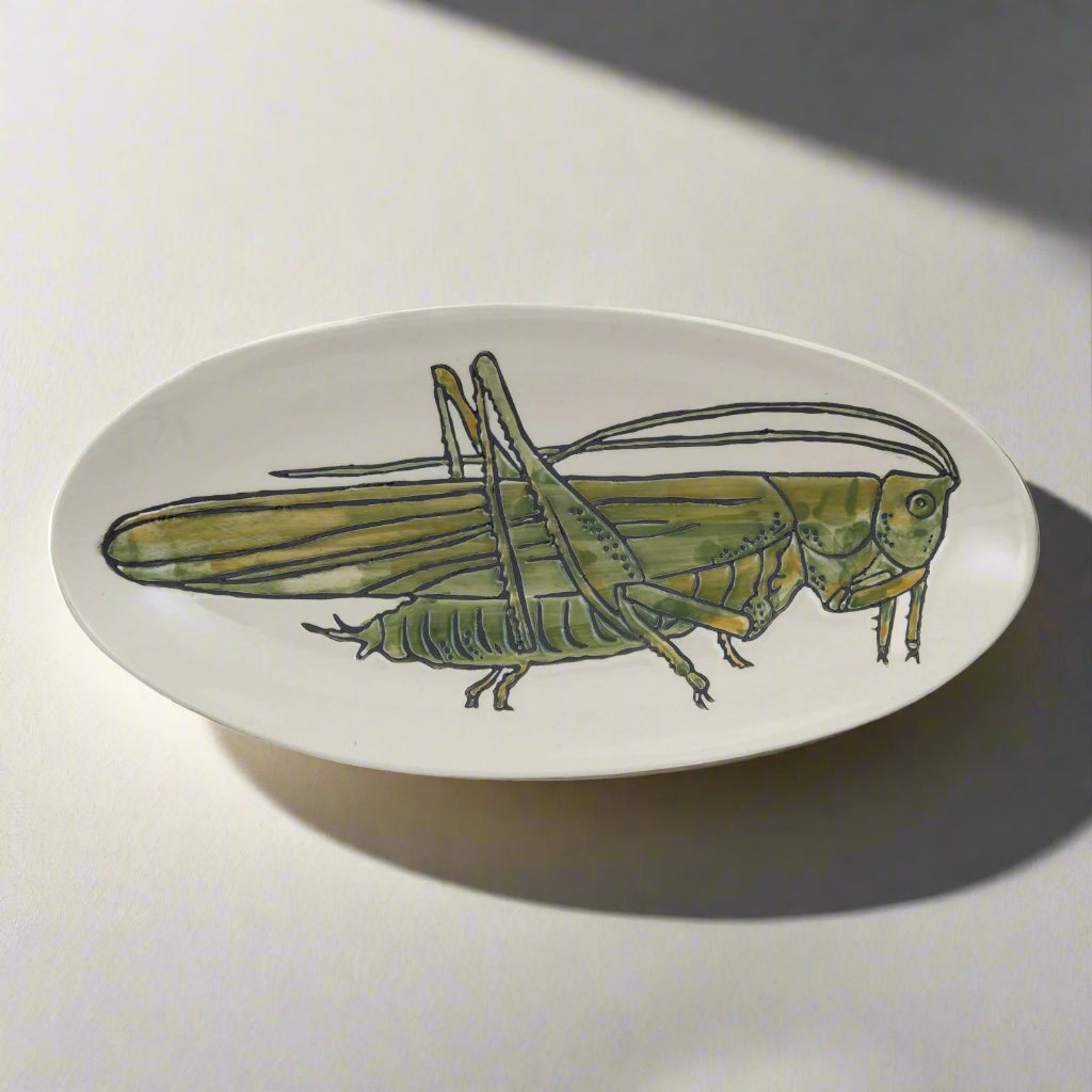 Hand-Painted Stoneware Plate w/ Grasshopper