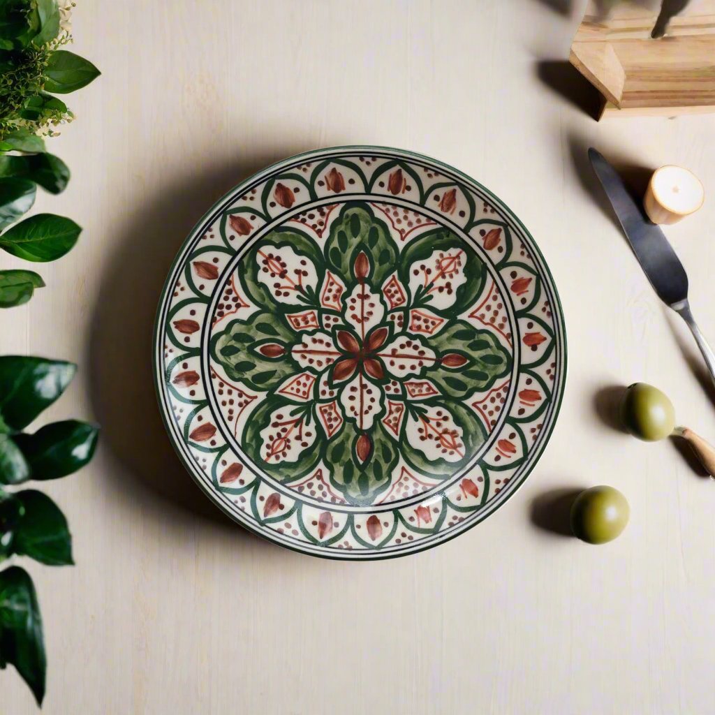 Hand-Painted Stoneware Plate w/ Design, Cream Color, Brown & Green