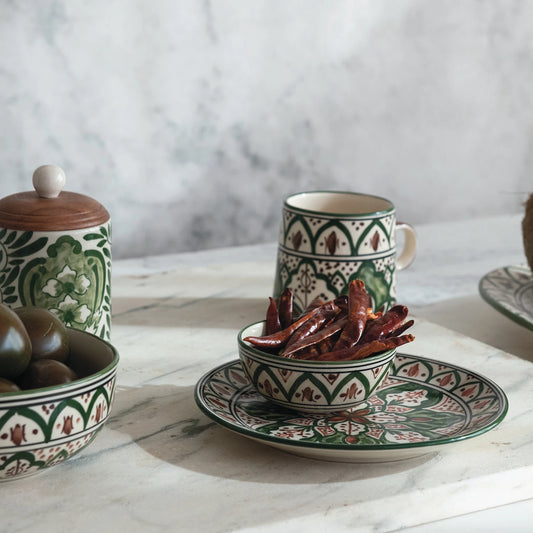 Hand-Painted Stoneware Plate w/ Design, Cream Color, Brown & Green