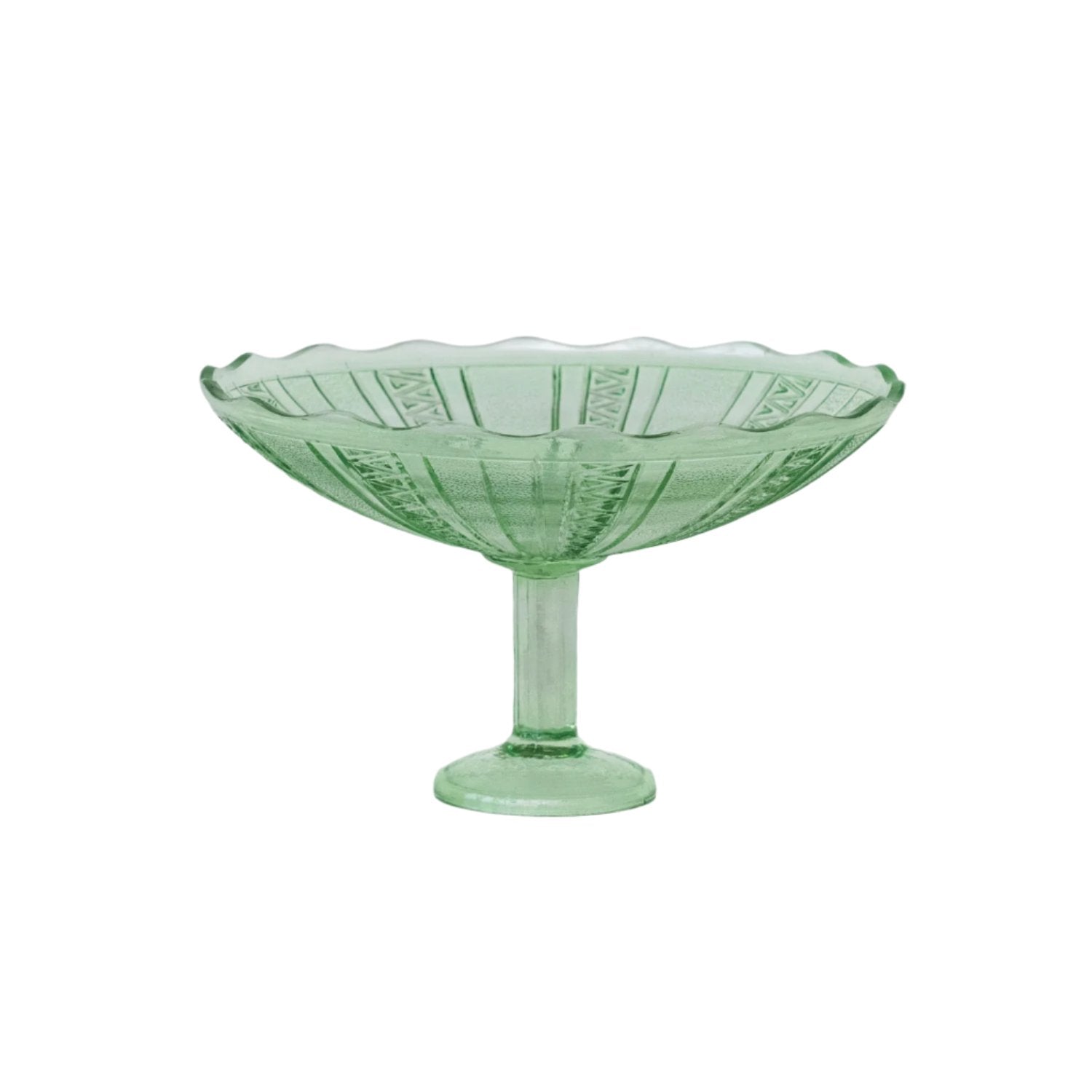 Pressed Glass Vintage Reproduction Footed Bowl w/ Scalloped Edge, Green