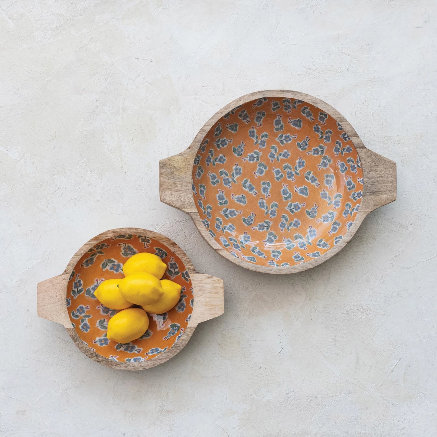 Floral Enameled Wood Bowls with Handles - 2 sizes