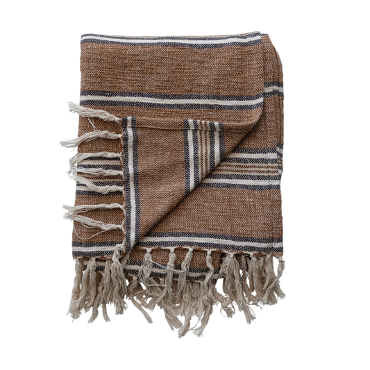 Cotton Blend Throw with Stripes & Fringe