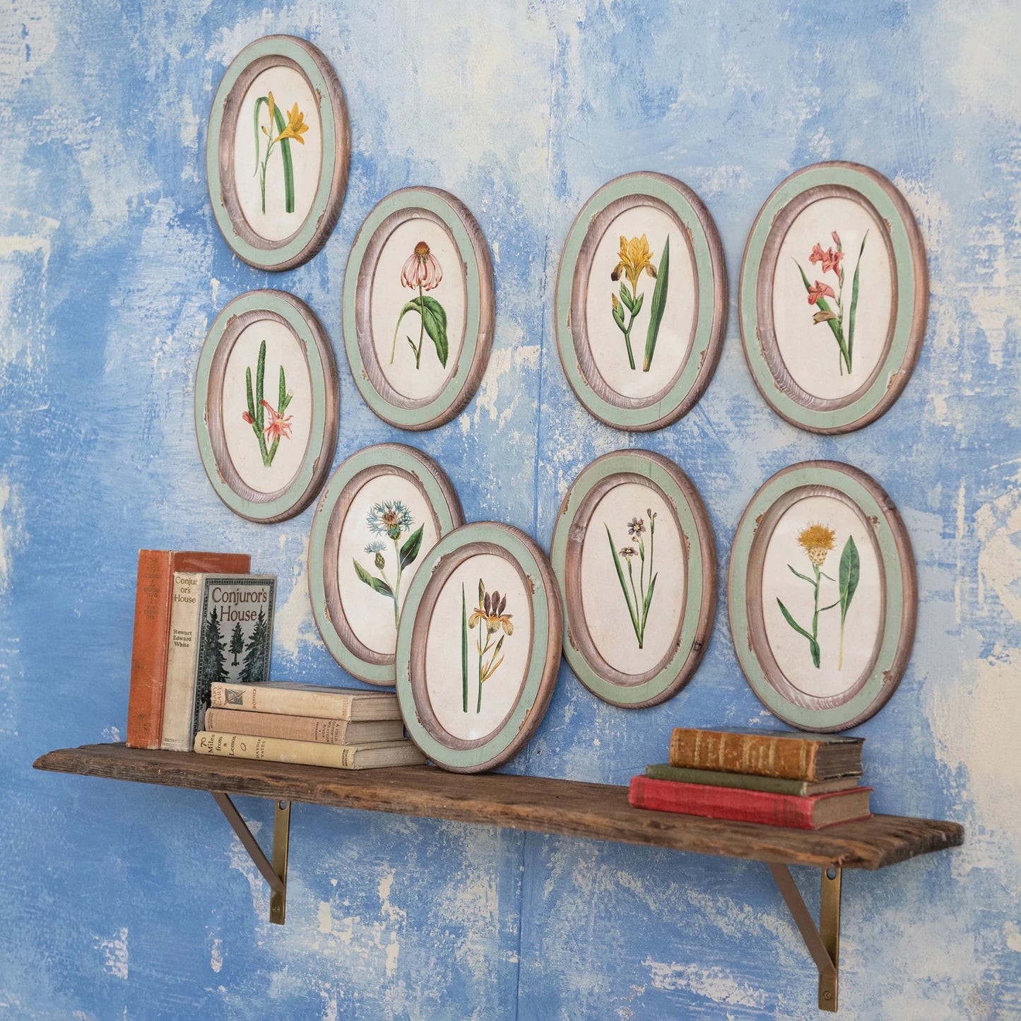 Wood Framed Glass Wall Décor with Flower, 9 Styles