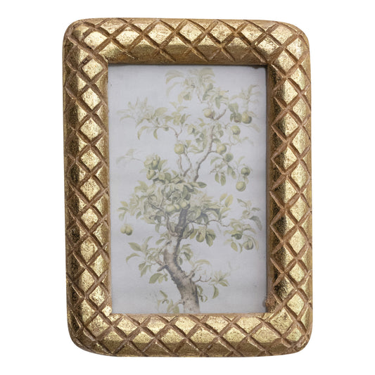 Carved Mango Wood Photo Frame w/ Diamond Pattern, Gold Foil Finish (Holds 4
