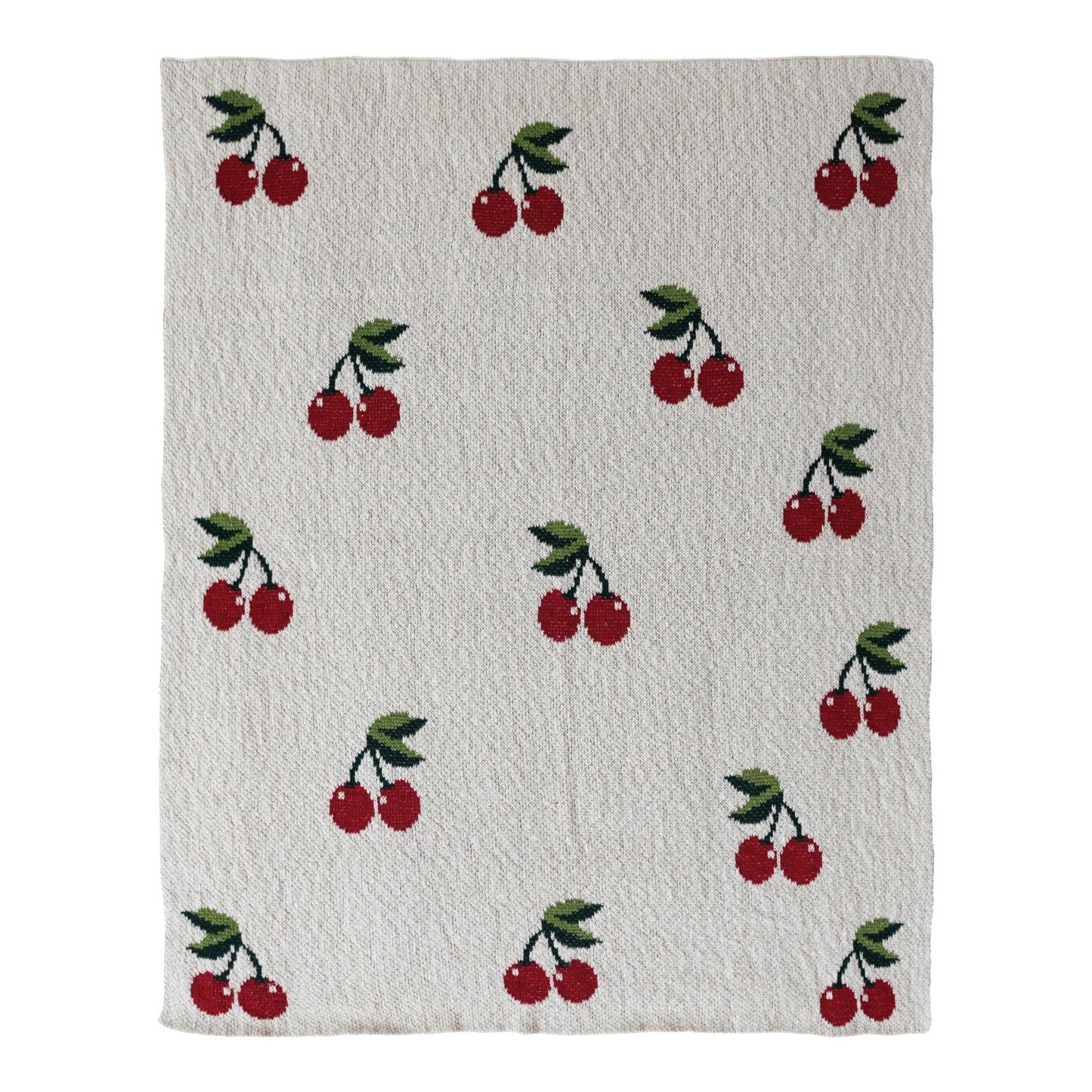 Cotton Knit Baby Blanket with Cherries, Cream Color, Red & Green