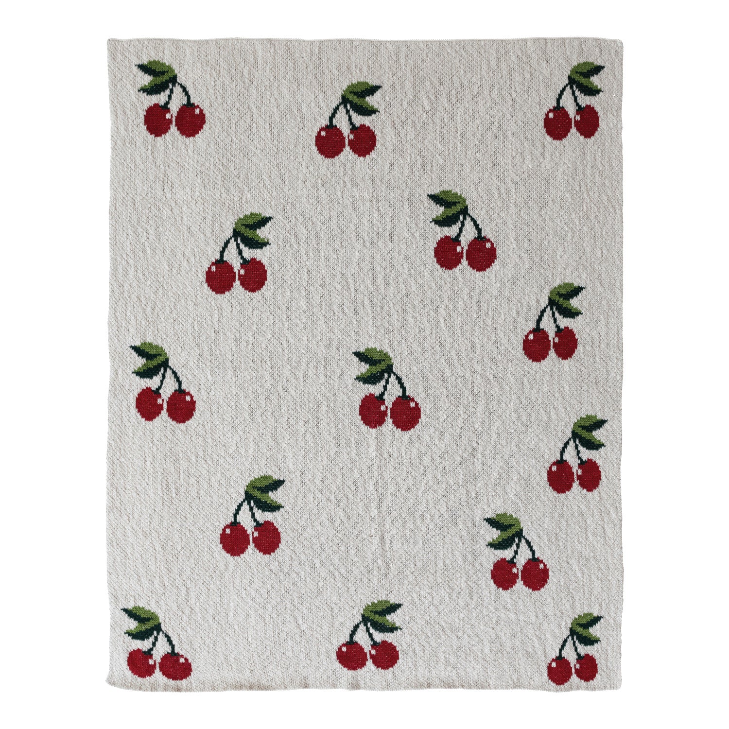 Cotton Knit Baby Blanket with Cherries, Cream Color, Red & Green