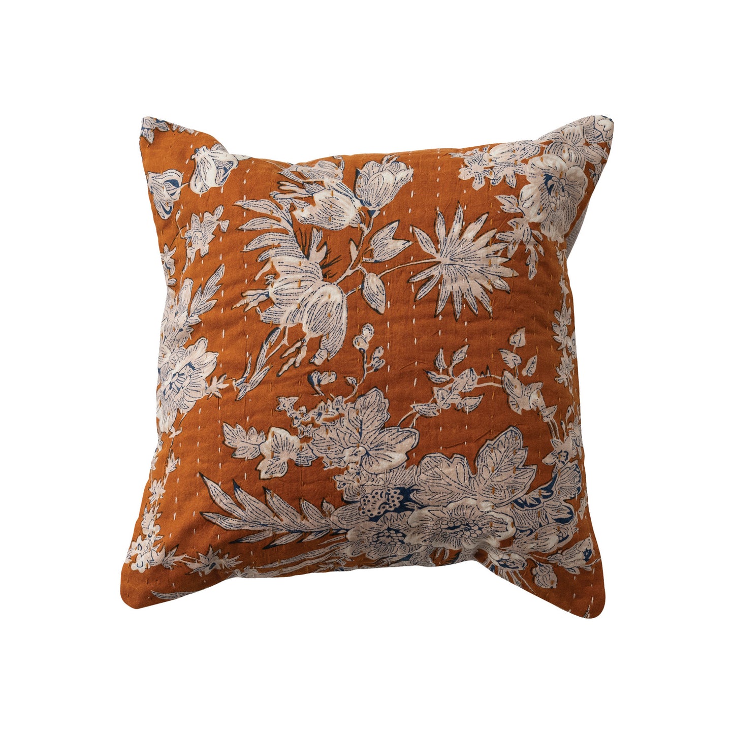 12" Square Cotton Voile Pillow with Florals, Hand-Embroidered Kantha Stitch & Chambray Back