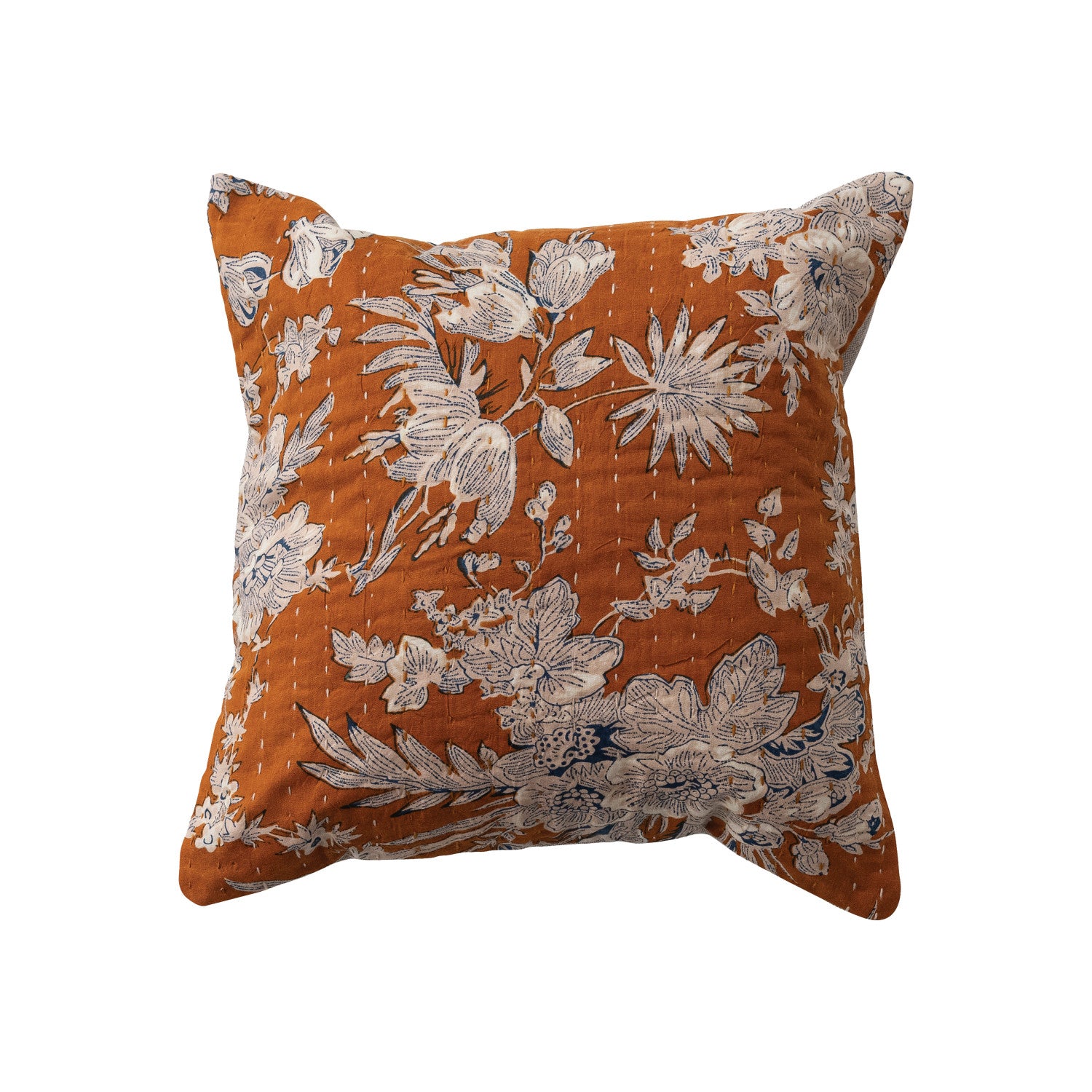 12" Square Cotton Voile Pillow with Florals, Hand-Embroidered Kantha Stitch & Chambray Back