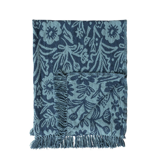 Floral Pattern & Fringe Throw - Blue