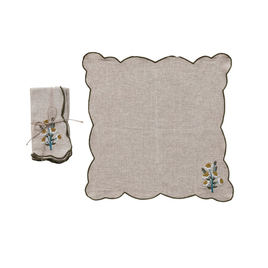 Scalloped Napkins with Contrasting Stitched Edges, Set of 4 Tied with Jute