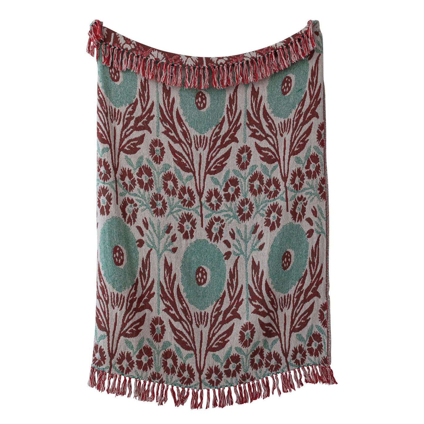 Woven Cotton Blend Jacquard Throw with Flower Pattern & Fringe, Natural, Green & Berry Color