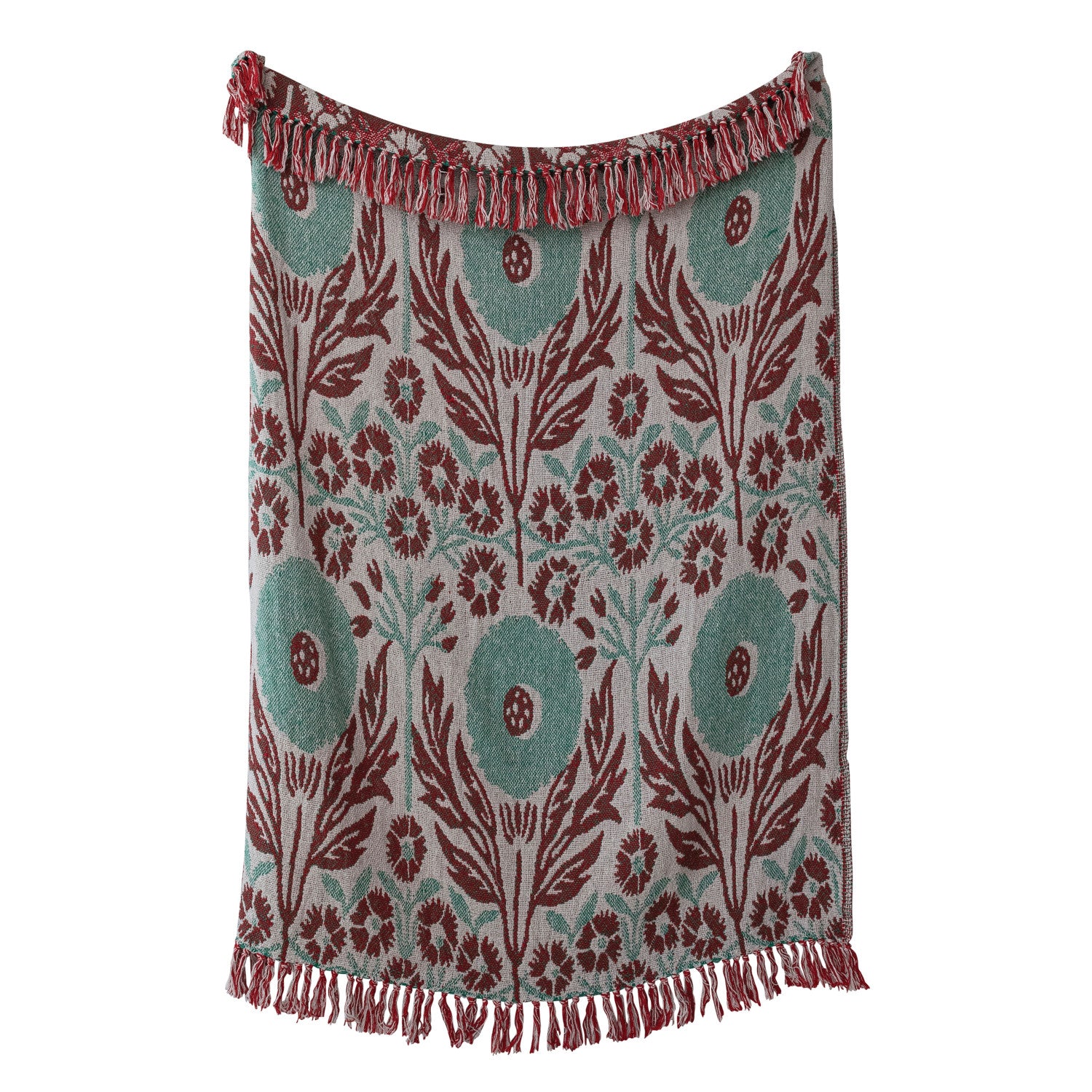 Woven Cotton Blend Jacquard Throw with Flower Pattern & Fringe, Natural, Green & Berry Color