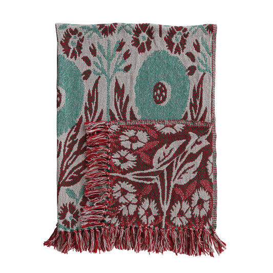 Floral Pattern & Fringe Throw - Red & Sage