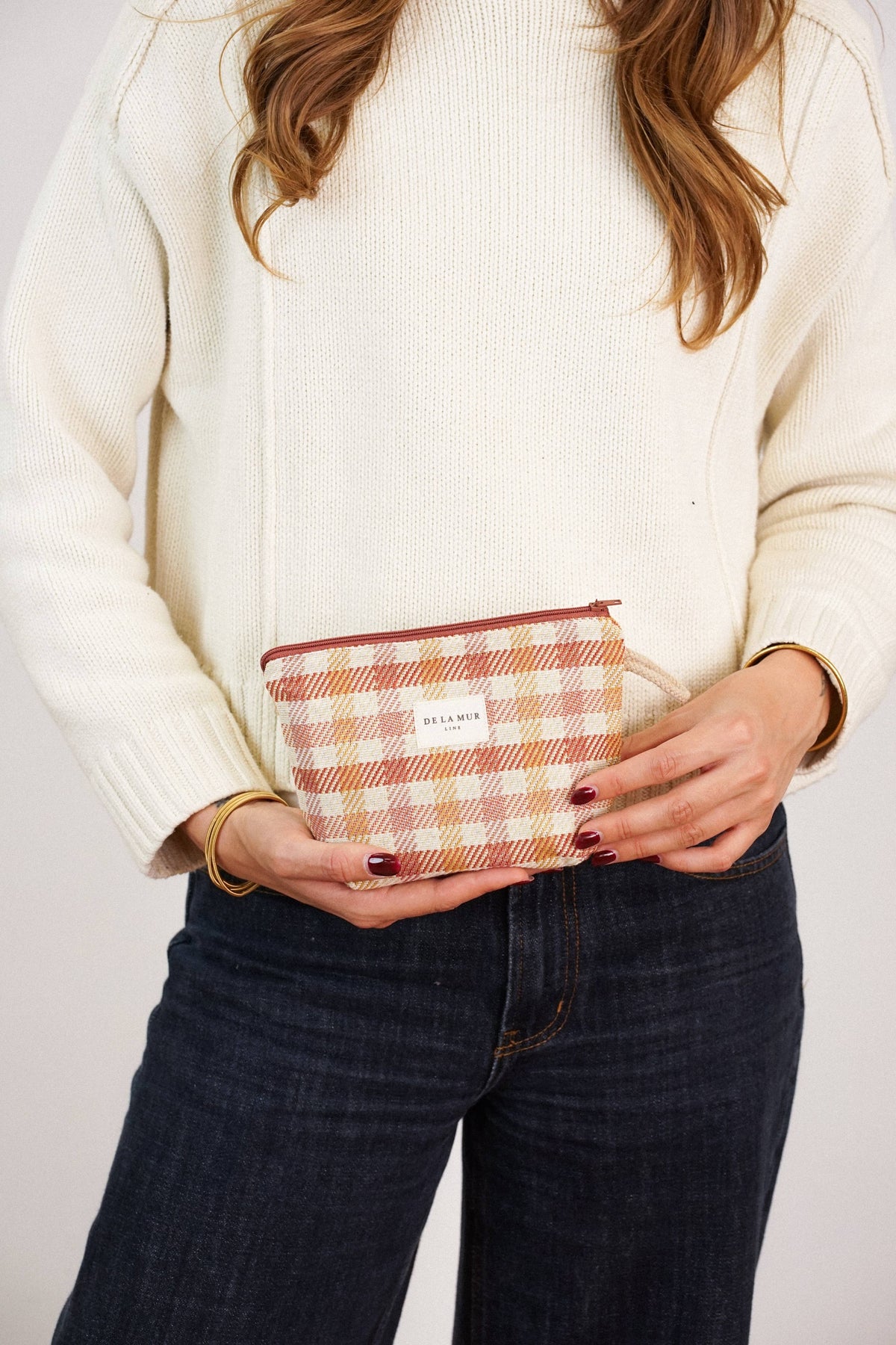 Gingham Jacquard Small Makeup Bag – Terracotta & Orange (Zia)