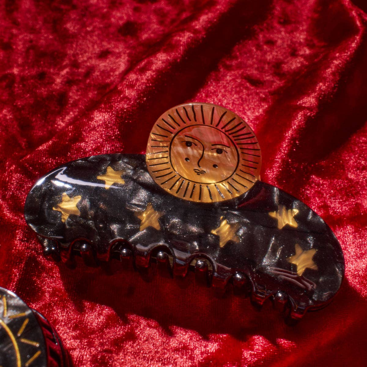Sun and Stars Astrology Hair Claw in Gold and Black Acetate