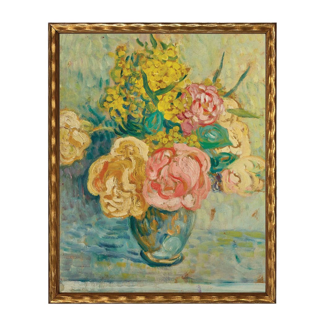 Vintage oil painting of flowers in vase E