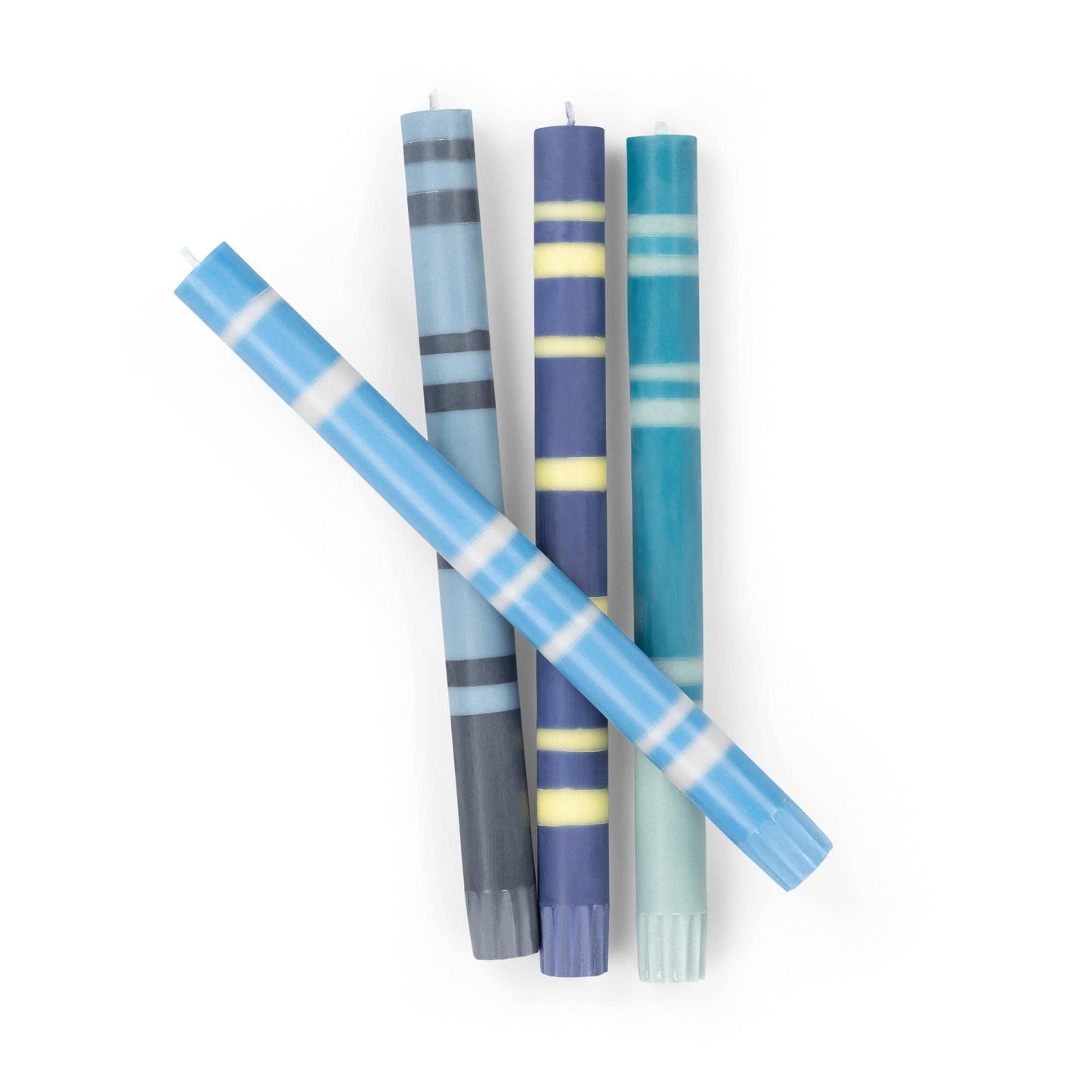 BRITISH COLOUR STANDARD - 25cm / 10'' H  - Mixed Striped Set - Blues Eco Dinner Candles, Gift Box of 4