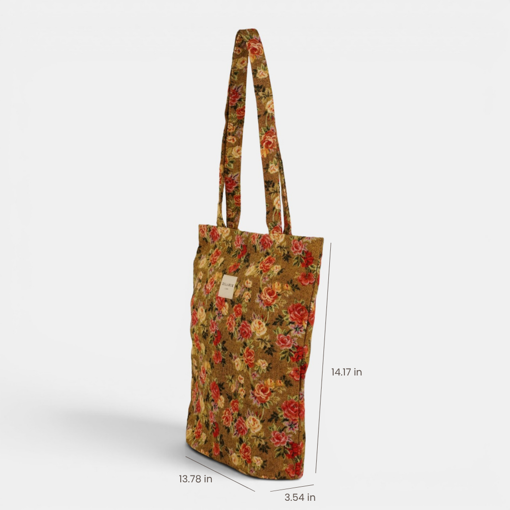 Floral Jacquard Medium Zippered Tote Bag – Mustard & Red (Esme)