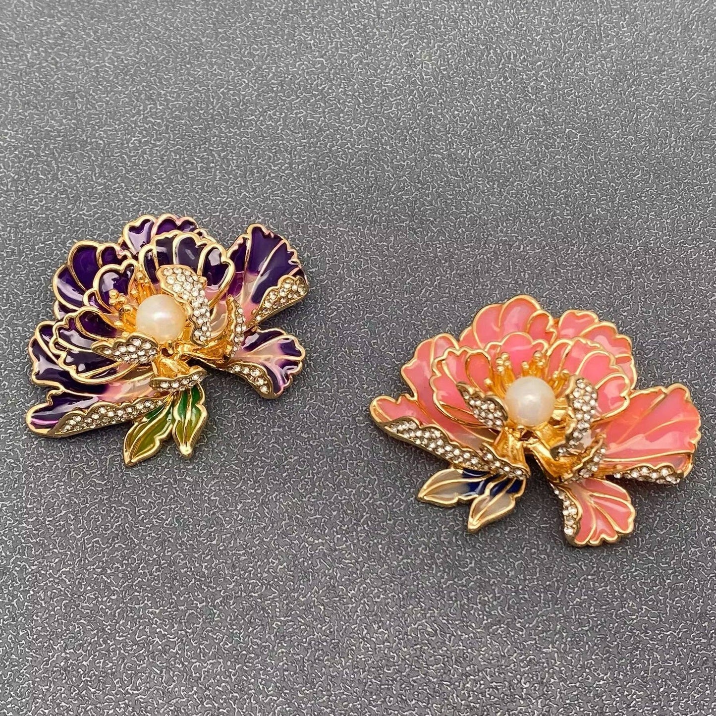 Rhinestone Enamel Peony Flower Brooch
