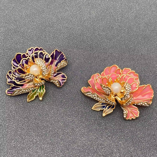 Rhinestone Enamel Peony Flower Brooch