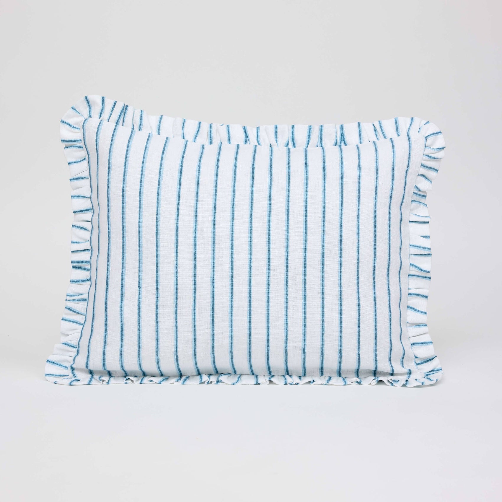 Blue Shadow Stripe Block Printed Ruffle Pillow