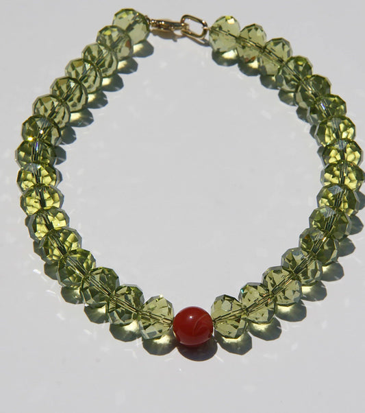 OLA Olive Green & Carnelian Czech Glass Beaded Necklace: 16