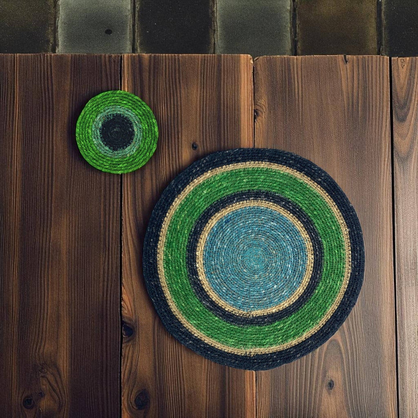 BRITISH COLOUR STANDARD Seagrass Coaster, 4.5" D - Beryl Green / Midnight Blue / Tropic Turquoise
