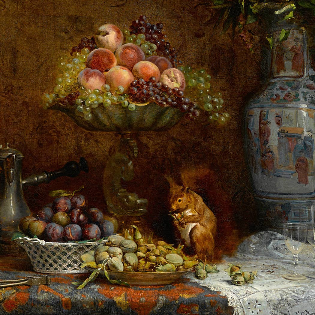 Fruit and Squirrel in Antiqued Brass Frame | Wall art