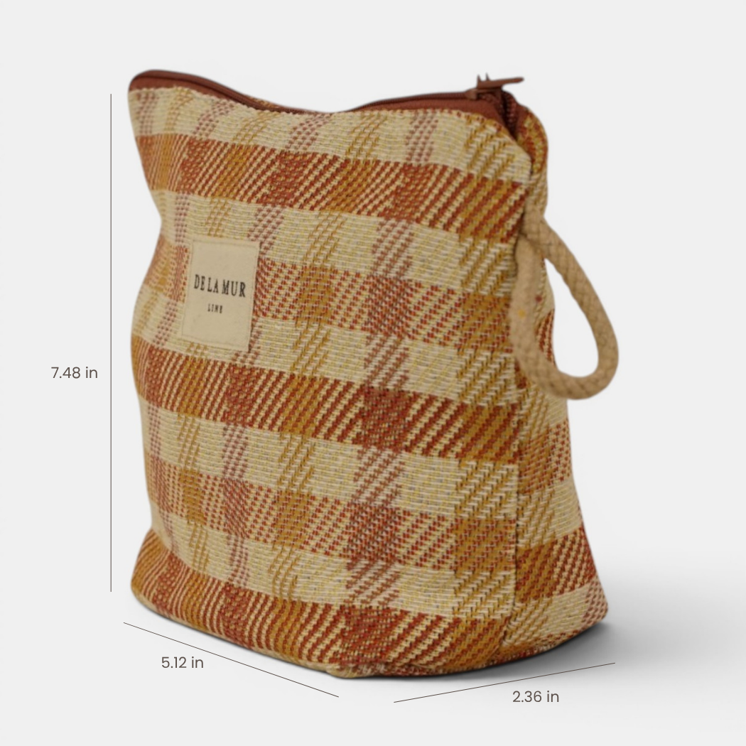 Gingham Jacquard Small Makeup Bag – Terracotta & Orange (Zia)