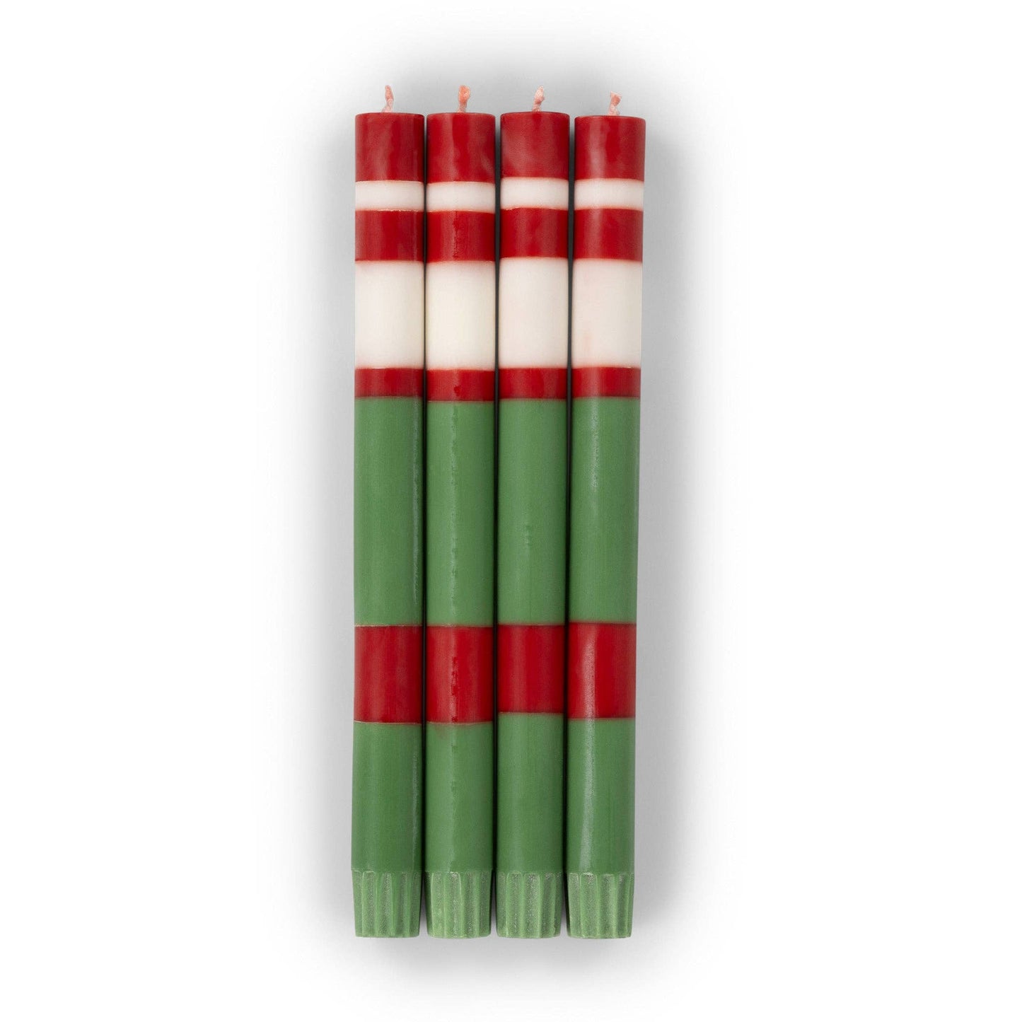 BRITISH COLOUR STANDARD - 25cm / 10'' H  - STRIPED Holiday Set - Emerald & Oriental Red Eco Dinner Candles, Gift Box of 4