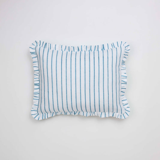 Blue Shadow Stripe Block Printed Ruffle Pillow