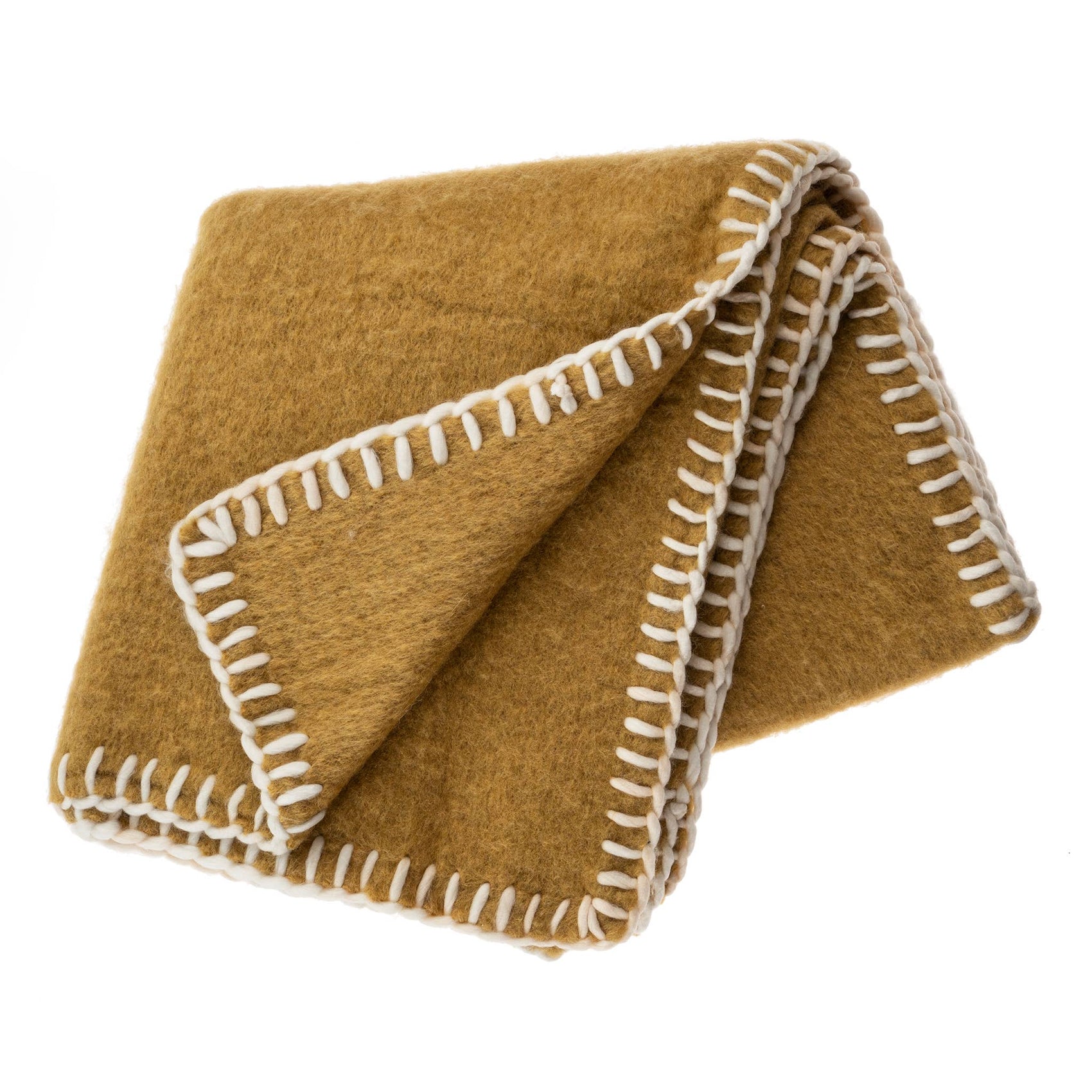 Blanket Stitch Wool Blend Throw, Ochre