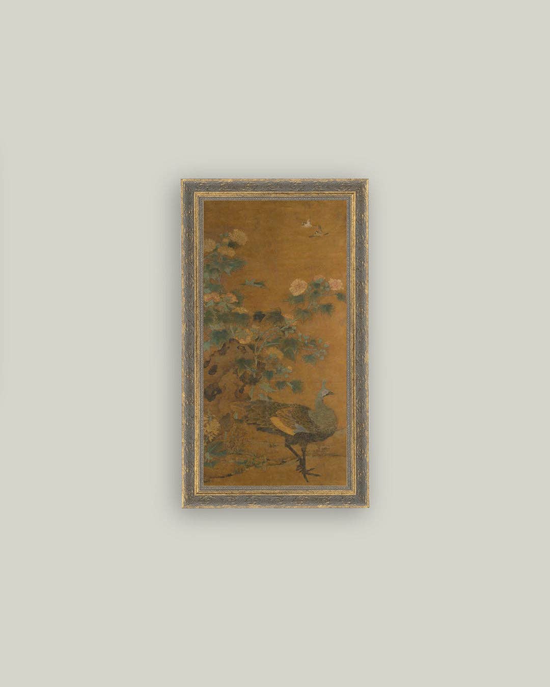 Peacock and Hollyhocks Framed Antique Art: 16x30