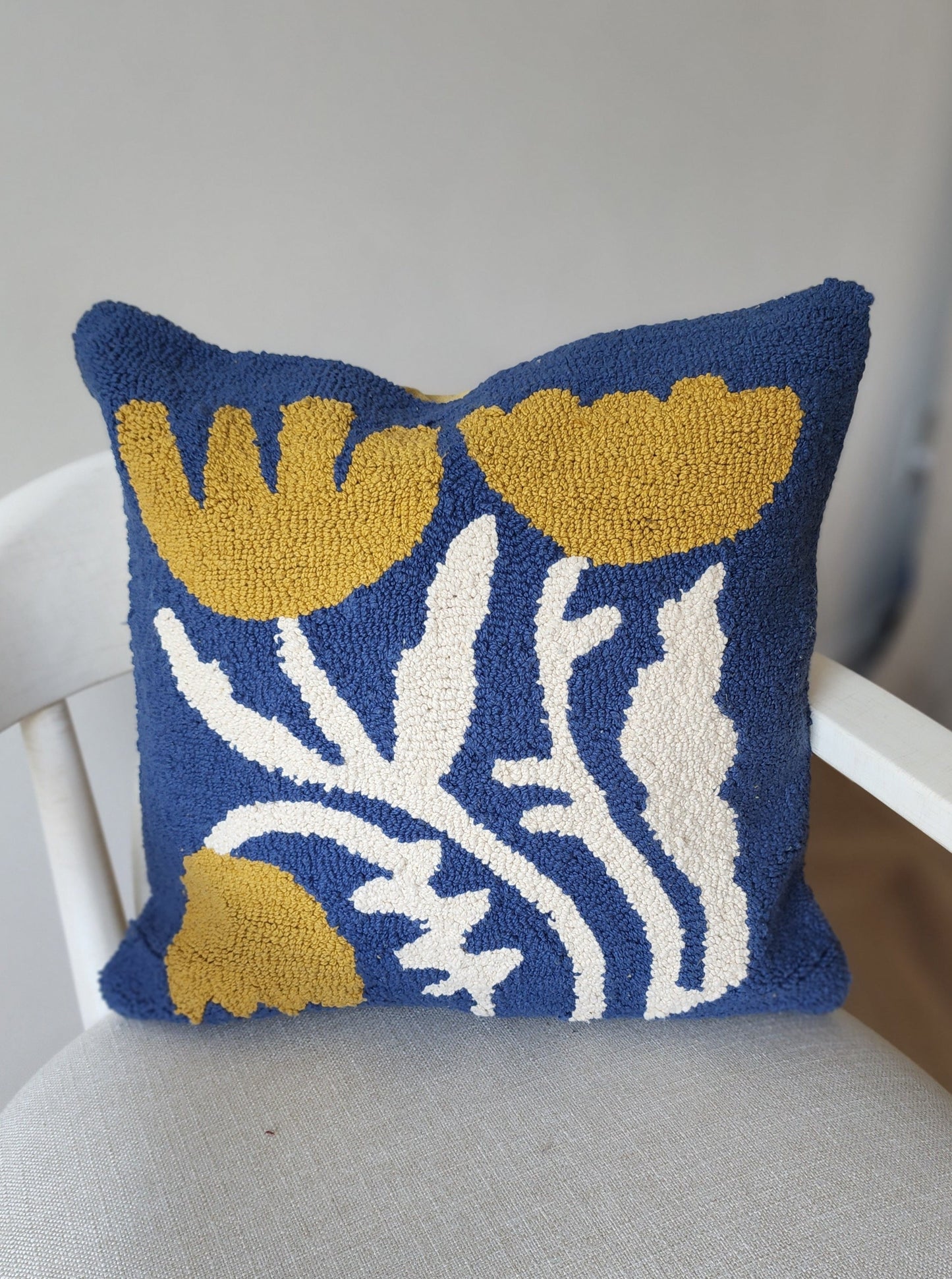Groovy Cotton Punch Needle Pillow - Blue and Mustard